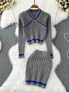 Moda Tricotate Casual Două Bucata Set Pentru Femei Maneca Lunga Pulover Pulover Crop Topuri & Bodycon Fusta Seturi De Toamna Dulce 2 Bucată De Costume