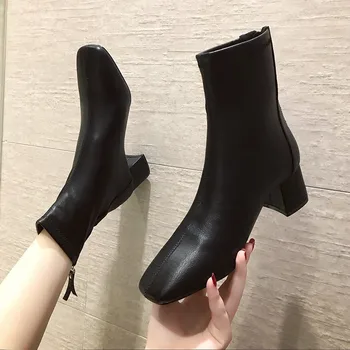 Solid Negru Glezna Cizme Toamna Pătrat Mijlocul Tocuri sex Feminin Rotund Toe din Piele PU Cizme Casual Ladies Slip on pentru Femei Pantofi pentru Femeie Cizme