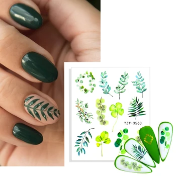 1 Foaie Verde Simplu Tema de Unghii Autocolante Decal Vara DIY Apă Slider Pentru Manichiură Acuarela Flori Frunze Nail Art Filigran