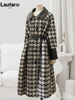 Lautaro Toamna Iarna Lunga Neagra Din Piele Pu Mozaic Tweed Haină De Lână Femei Vrac Casual Cald De Lux, Haine De Designer 2022