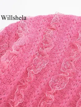Willshela Femei De Moda Roz Ciufulit Tricotate Pulover Pulover Vintage, O-Neck Mâneci Lungi De Sex Feminin Chic Lady Topuri