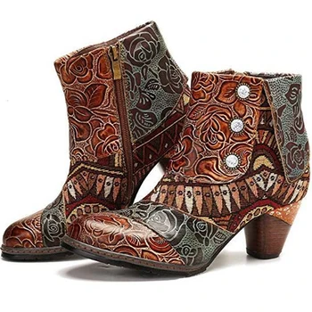 Nou Cizme Model Doamnelor PU Pluș cu Toc Mozaic Folcloric Personalizat Rotund Toe de Iarnă de sex Feminin Imprimate, Ghete de Pantofi