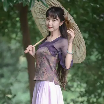 2023 nou retro tang stil costum de femei din china, de protecție solară floare de imprimare ceai haine hanfu jumătate top casual cu maneci tang costum g477