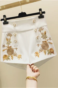 Stil francez Brodate două rânduri de pantaloni Scurți de sex Feminin Primavara Retro Pearl Butonul de Înaltă Talie Temperament Paiete pantaloni Scurți Nancylim