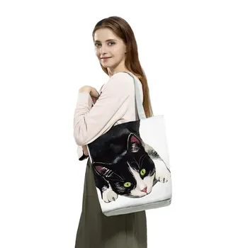 Saci De Acuarelă De Cumpărături Refolosibile Pisica Femei Carte Eco Tote Geantă De Mână Personaliza Designer Pictura Saci De Imprimare Școală Geanta Shopper Drăguț