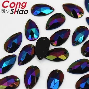 Cong Shao 100buc 11*18mm AB Colorate flatback Picătură cu pietre si cristale Acrilice Stras de cusut 2 Gaura DIY costum Butonul CS640