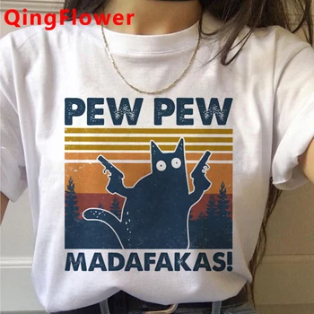 Cat Pew Pew Madafakas de Desene animate Amuzant Tricou Femei Harajuku Ullzang Grafic T-shirt Casual de Vara Tricou Câine Anime Top Tee de sex Feminin