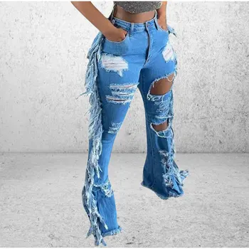 Plus Dimensiune Strada Rupt Ciucuri Elastic Slab Flare Jeans 3XL Mama Distrus Taie Găuri Pantaloni Denim Moda de Mare Clopot-Fund Jean