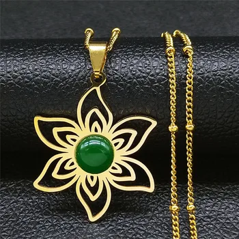 Boemia de Flori din Oțel Inoxidabil, Piatra Verde Lanț Coliere Femei de Culoare de Aur Coliere Bijuterii acier inoxydable bijoux N1155S04