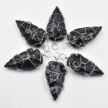Moda negru Obsidian pietre Arrowhead Vindecare Punct de Piatra Naturala pilon Pandantive pentru Farmecul Colier accesorii 6pcs